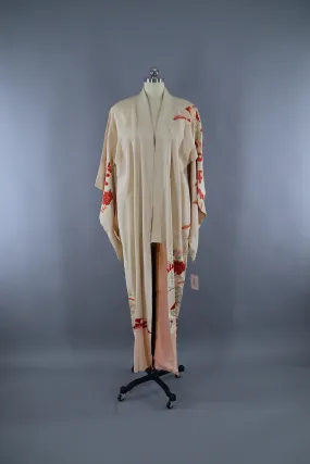 1950s Vintage Silk Kimono Robe / Ivory Orange Floral