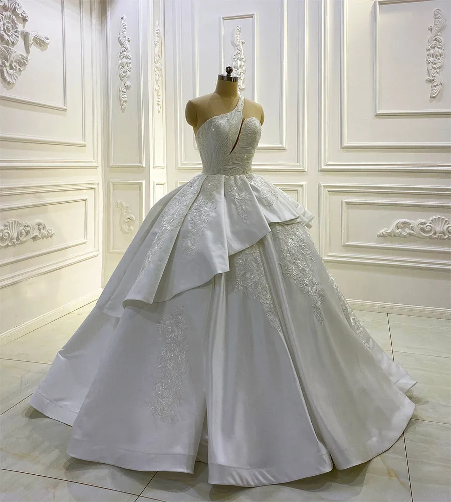 AM810 One Shoulder Lace Applique Tiered Satin luxury Wedding Dress