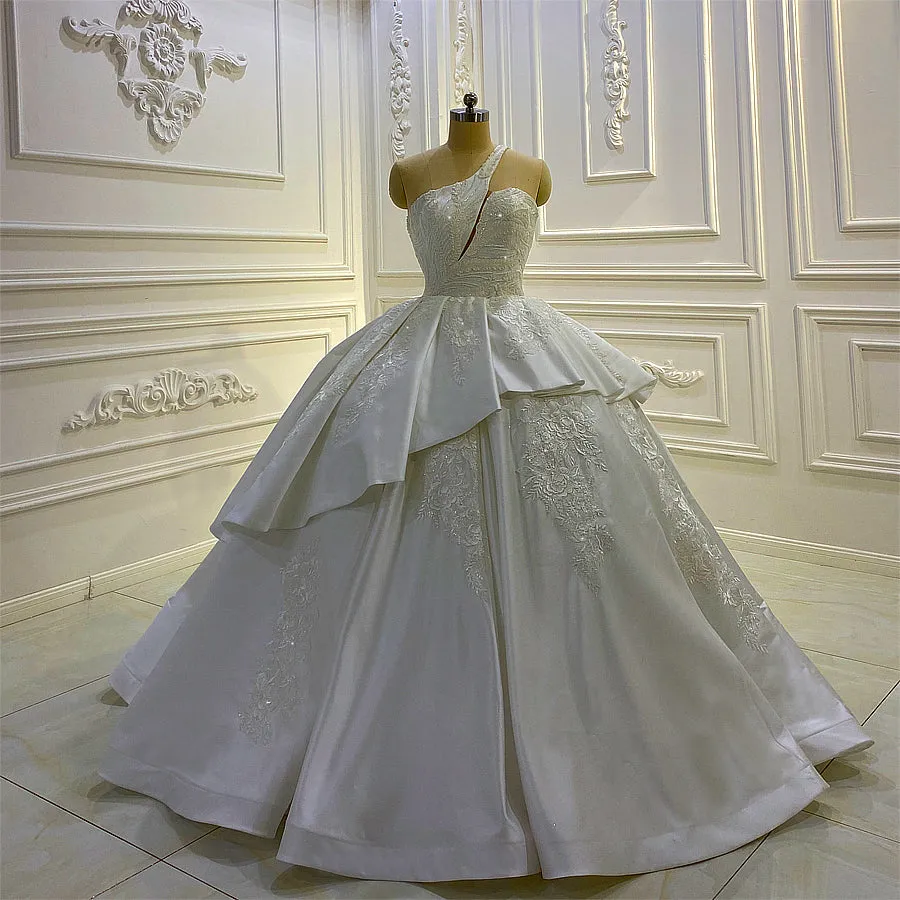 AM810 One Shoulder Lace Applique Tiered Satin luxury Wedding Dress