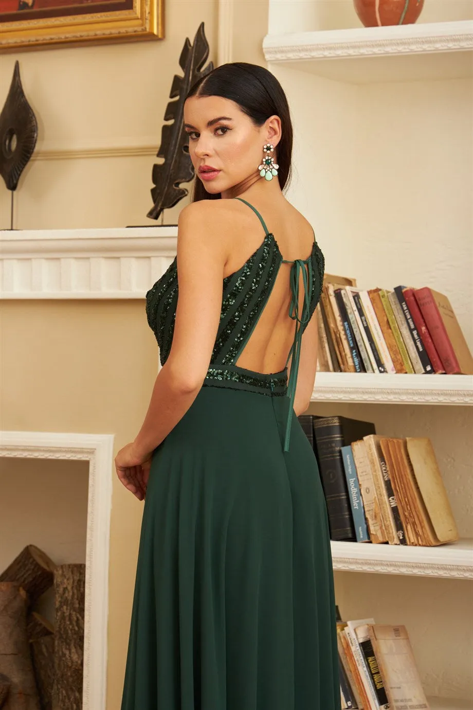 Angelino emerald stamp sequined long evening dress dress