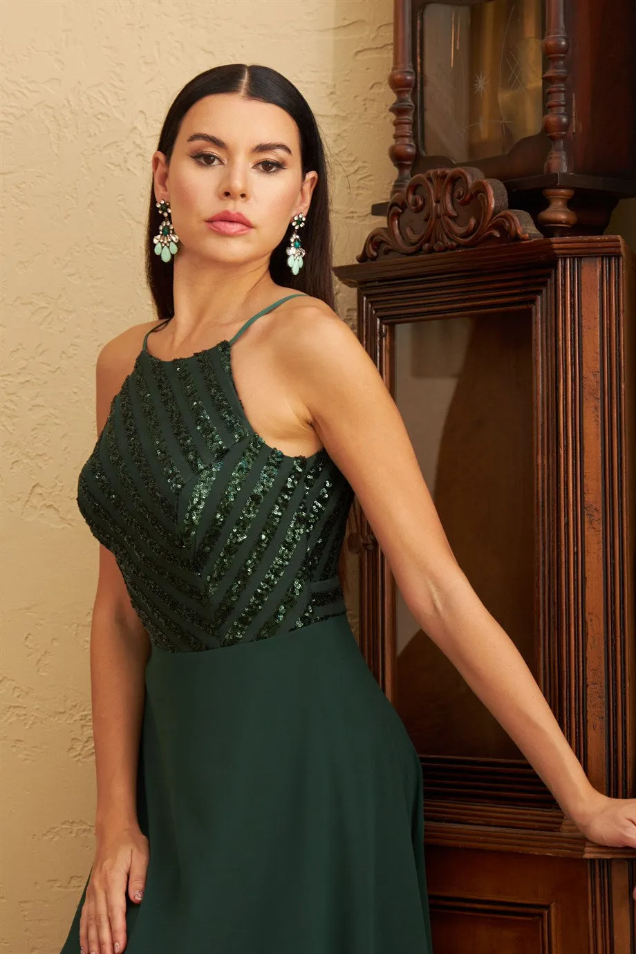 Angelino emerald stamp sequined long evening dress dress