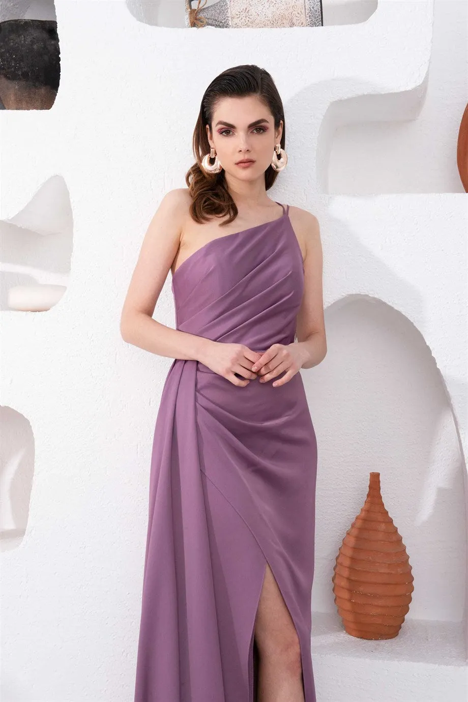 Angelino Lavender Satin One Shoulder Long Evening Dress