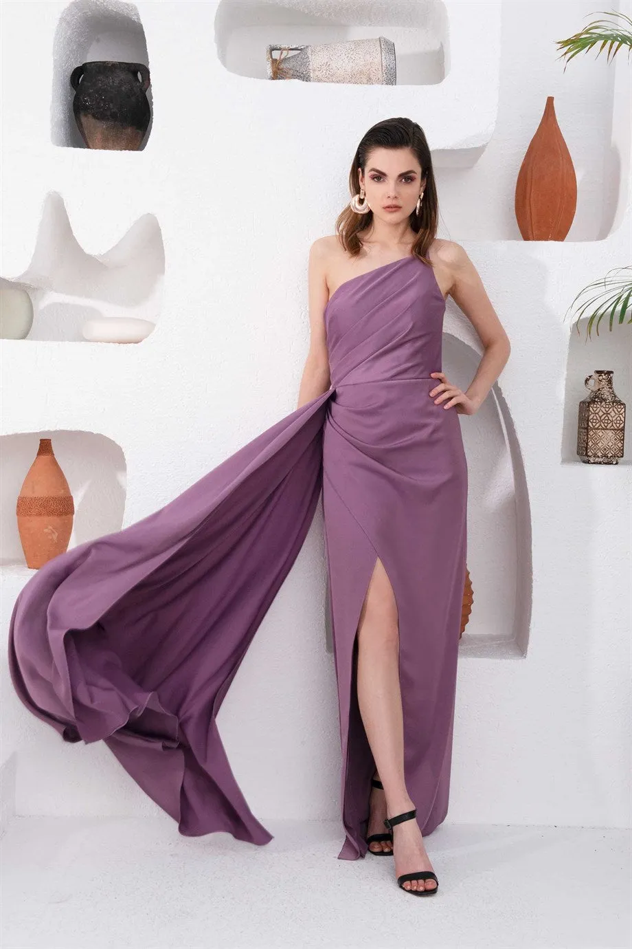 Angelino Lavender Satin One Shoulder Long Evening Dress