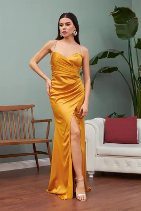 Angelino Saffron Satin Stone Hanger Long Evening Dress