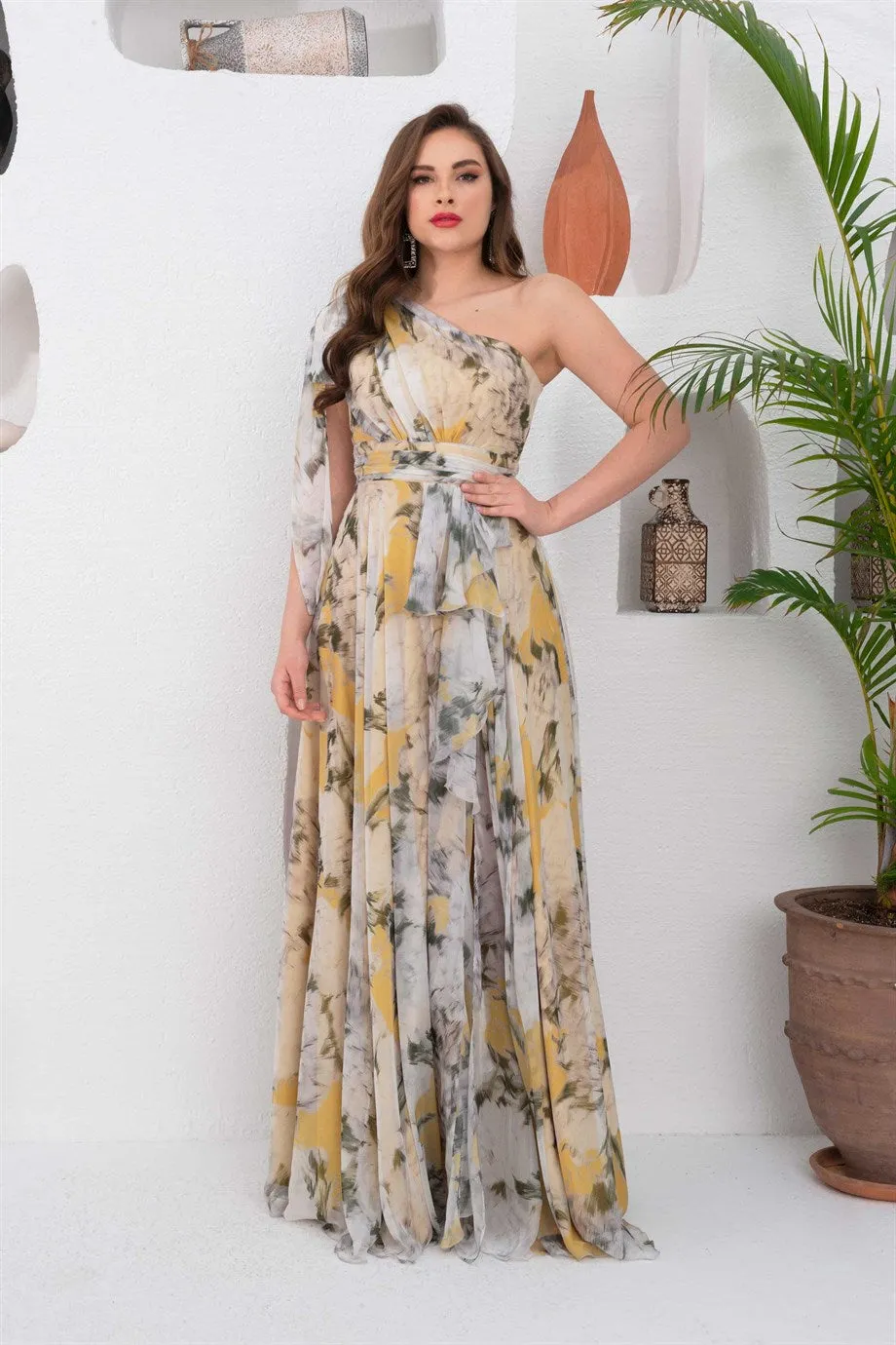 Angelino yellow impirming one arm slits long evening dress dress