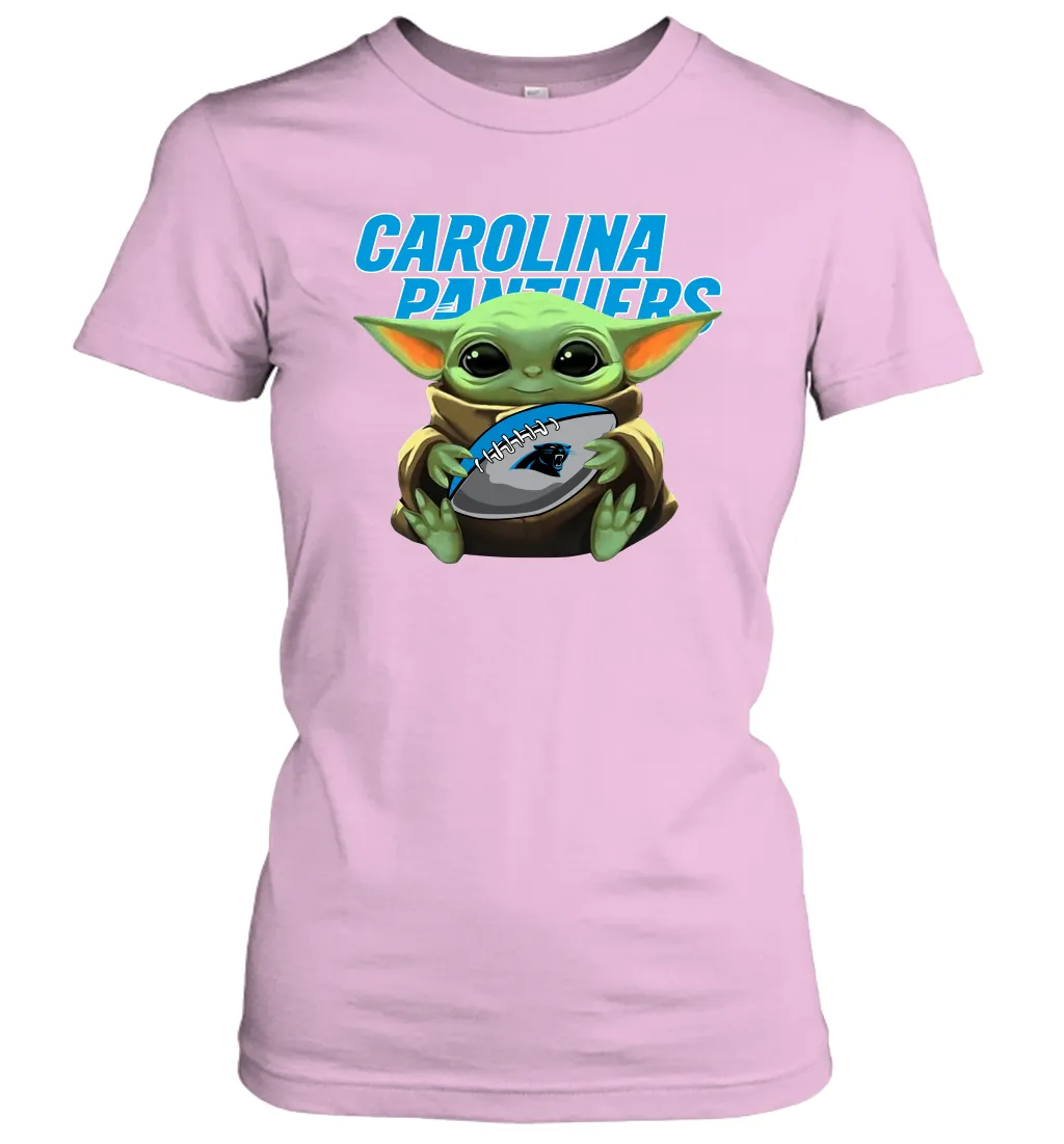 Baby Yoda Loves The Carolina Panthers Star Wars Baby Yoda Hugs Panthers NFL Womens T-Shirt