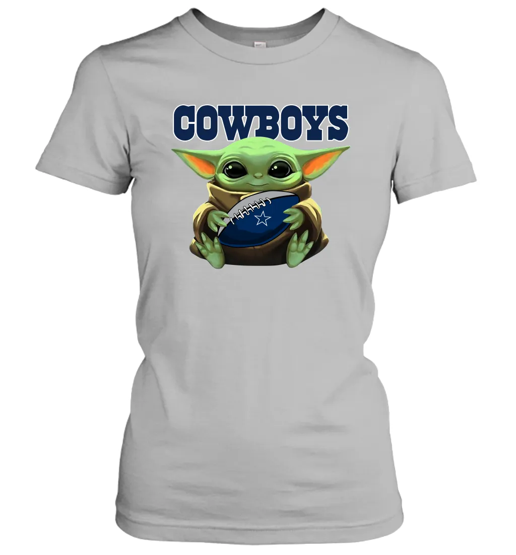 Baby Yoda Loves The Dallas Cowboys Star Wars Baby Yoda Hugs Cowboys NFL Womens T-Shirt