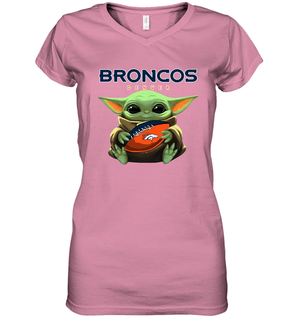 Baby Yoda Loves The Denver Broncos Star Wars Baby Yoda Hugs Broncos NFL Womens V-Neck T-Shirt