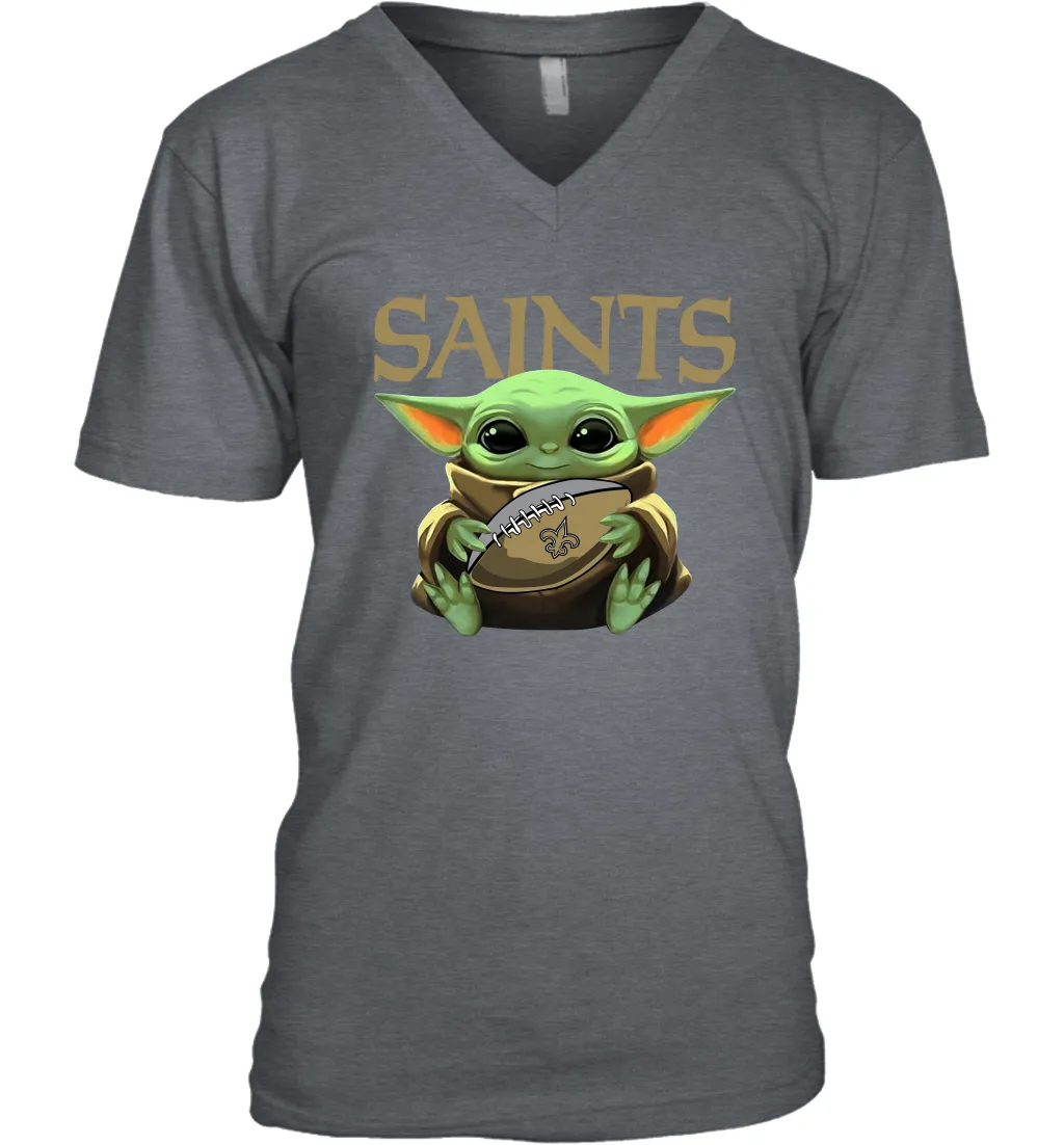 Baby Yoda Loves The New Orleans Saints Star Wars Baby Yoda Hugs Saints NFL Mens V-Neck T-Shirt