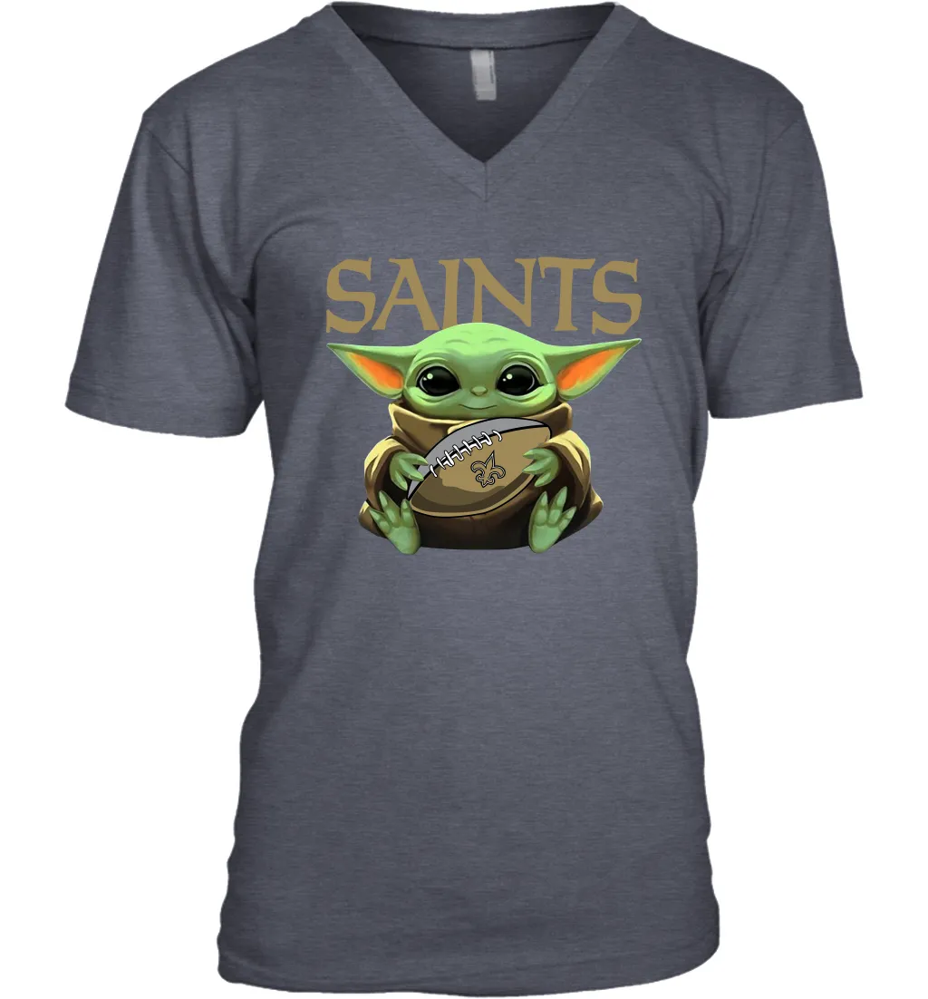 Baby Yoda Loves The New Orleans Saints Star Wars Baby Yoda Hugs Saints NFL Mens V-Neck T-Shirt