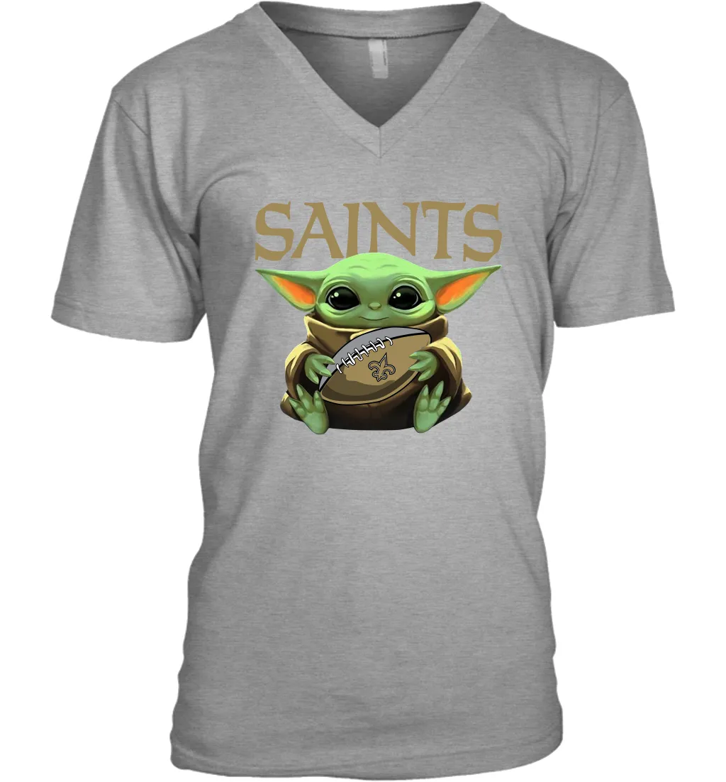 Baby Yoda Loves The New Orleans Saints Star Wars Baby Yoda Hugs Saints NFL Mens V-Neck T-Shirt