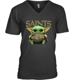 Baby Yoda Loves The New Orleans Saints Star Wars Baby Yoda Hugs Saints NFL Mens V-Neck T-Shirt