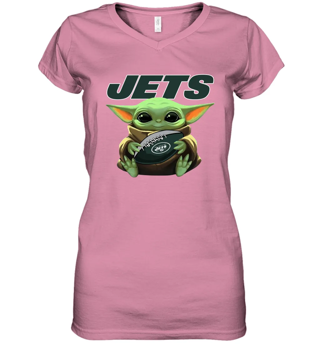 Baby Yoda Loves The New York Jets Star Wars Baby Yoda Hugs Jets NFL Womens V-Neck T-Shirt