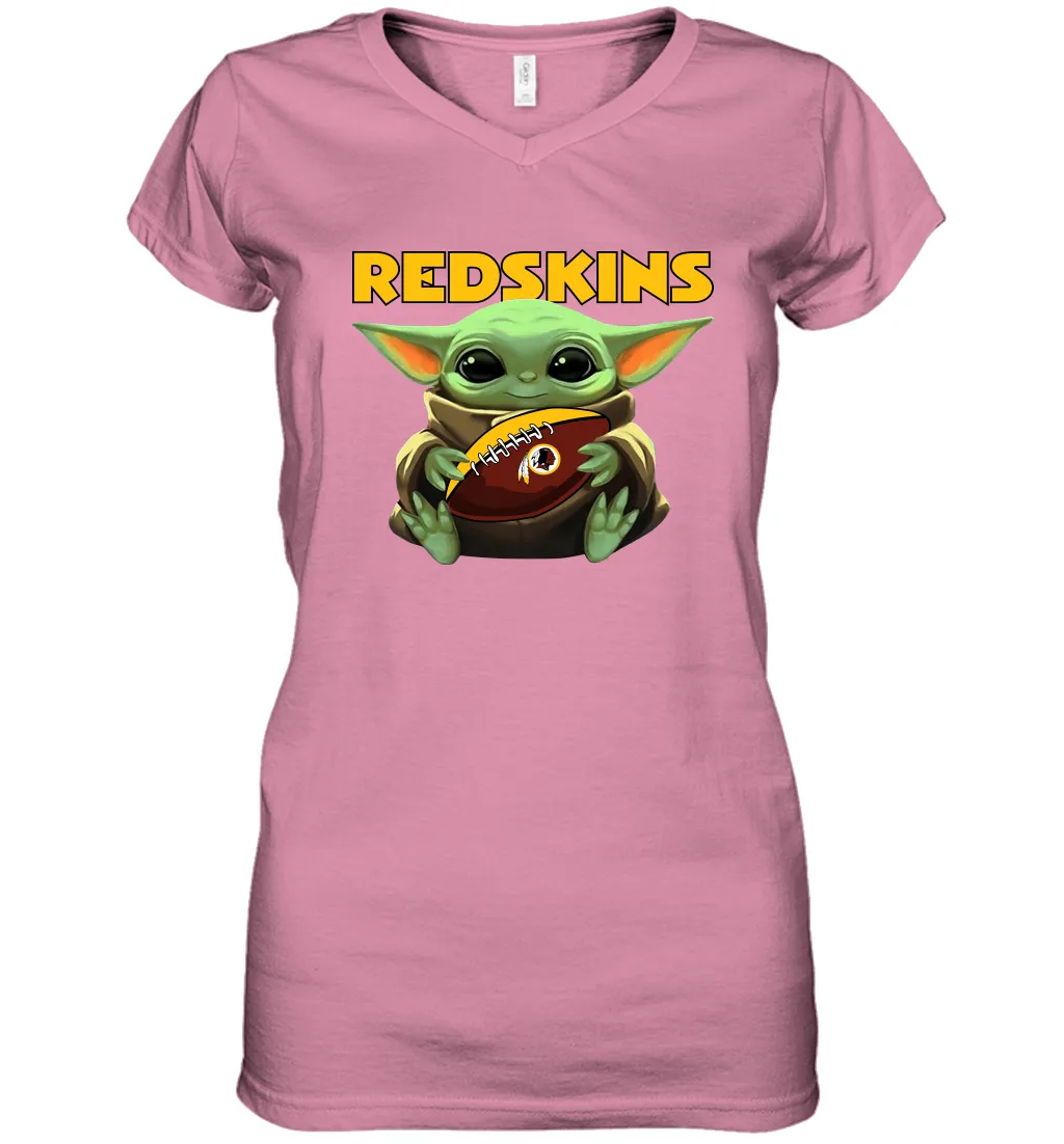 Baby Yoda Loves The Washington Redskins Star Wars Baby Yoda Hugs Redskins NFL Womens V-Neck T-Shirt