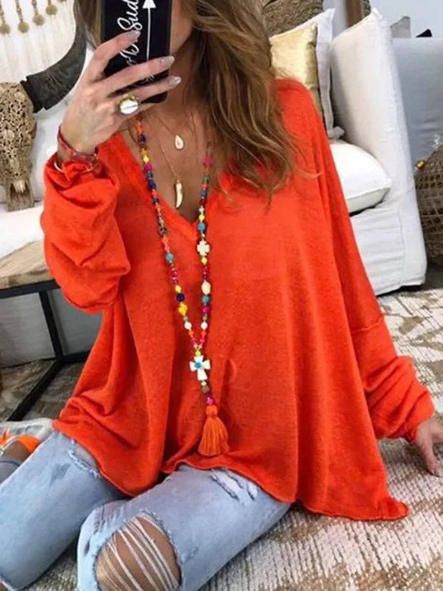 Basic V-neck Long Sleeve Solid Color Top