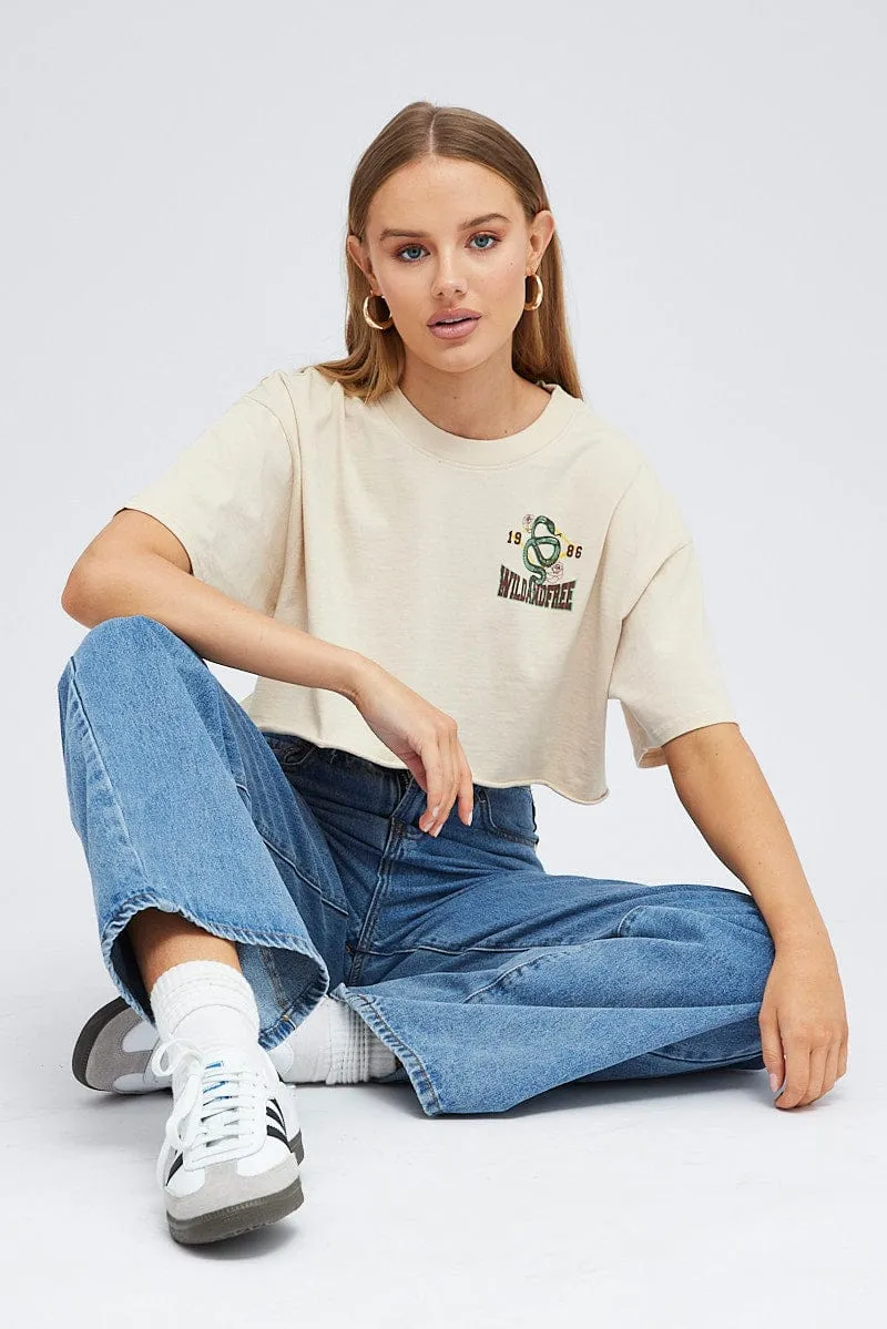 Beige Graphic Tee Short Sleeve Crop Crew Neck