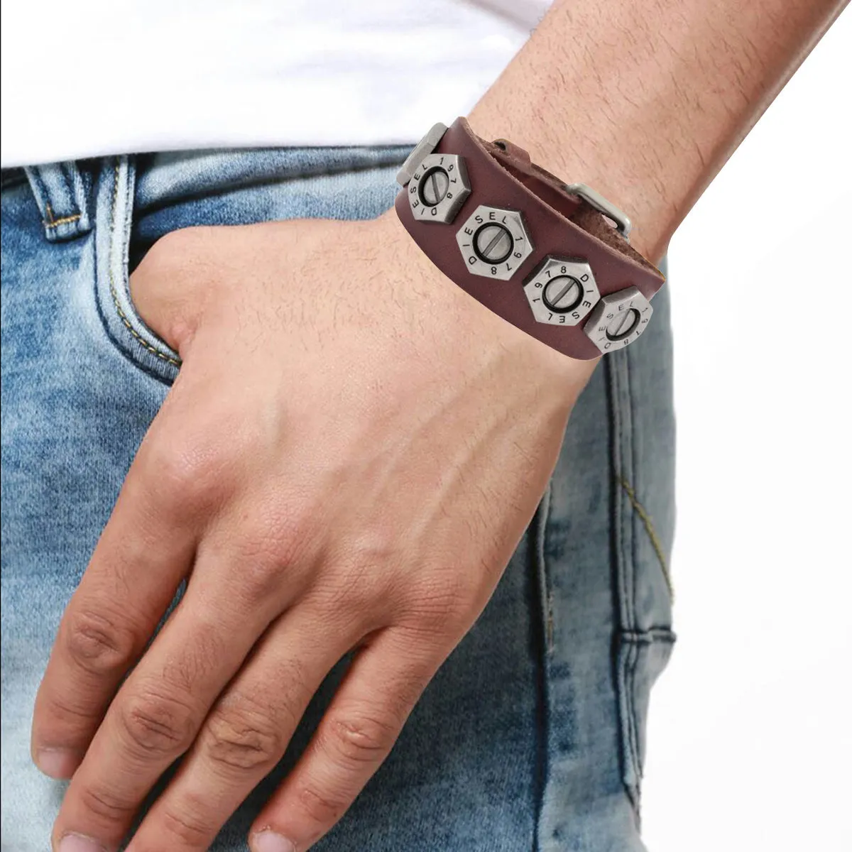 Biker Brown Leather Strand Free Size Stylish Bracelet For Men