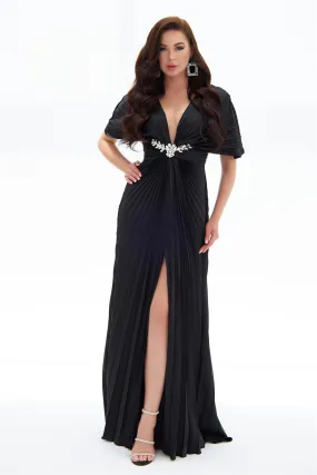 Black Plisoley Waist Stoned Chest Decollete Long Evening Dress