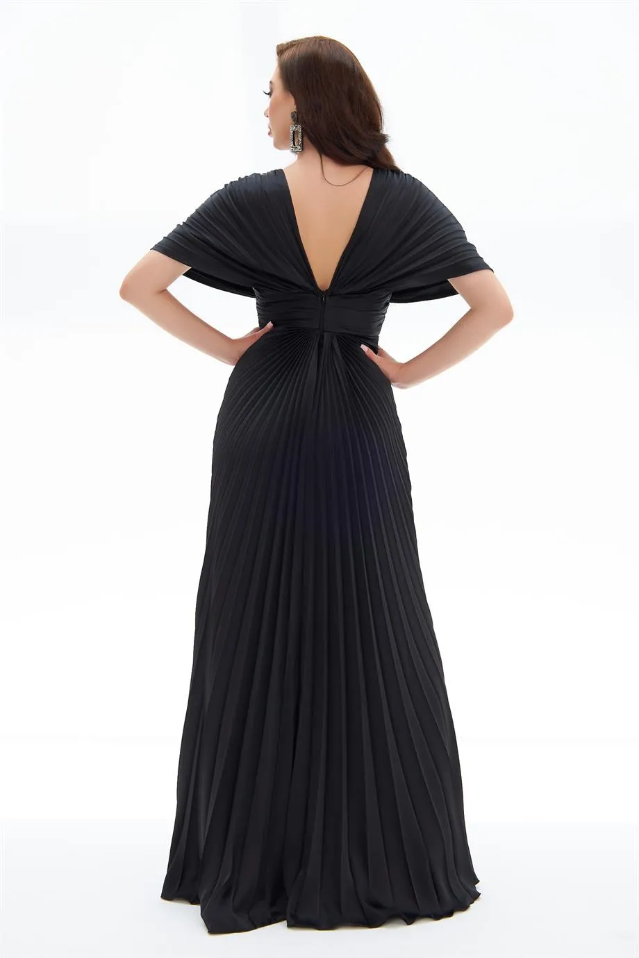 Black Plisoley Waist Stoned Chest Decollete Long Evening Dress