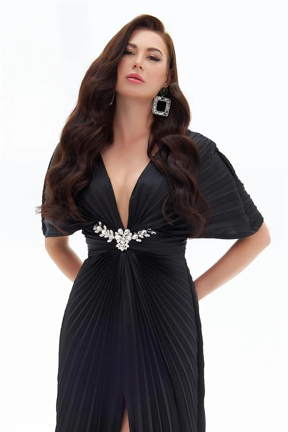 Black Plisoley Waist Stoned Chest Decollete Long Evening Dress