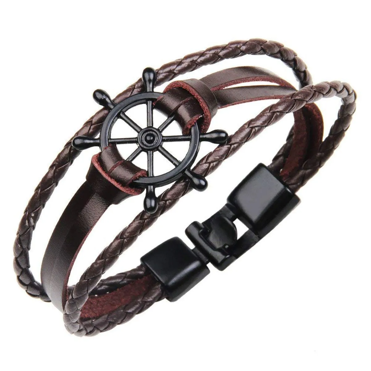 Black Rudder Anchor Braided Leather Multi-Layer Wrist Wrap Bracelet