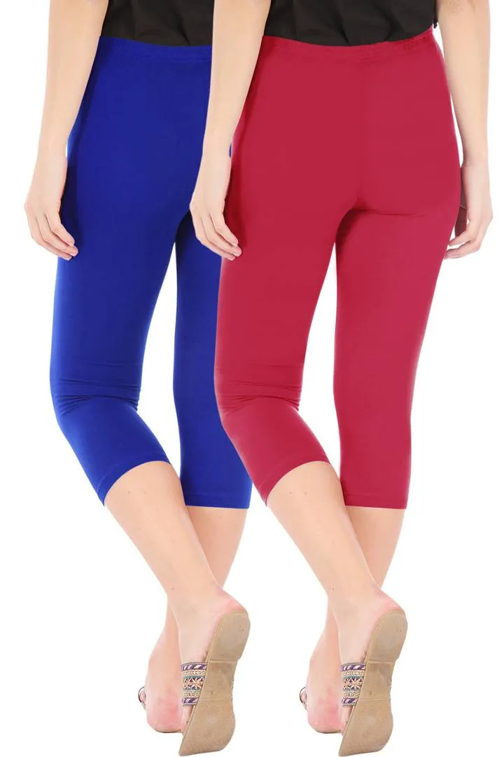 Combo Pack Of 2 Skinny Fit 3/4 Capris Leggings For Women Royal Blue Tomato Red