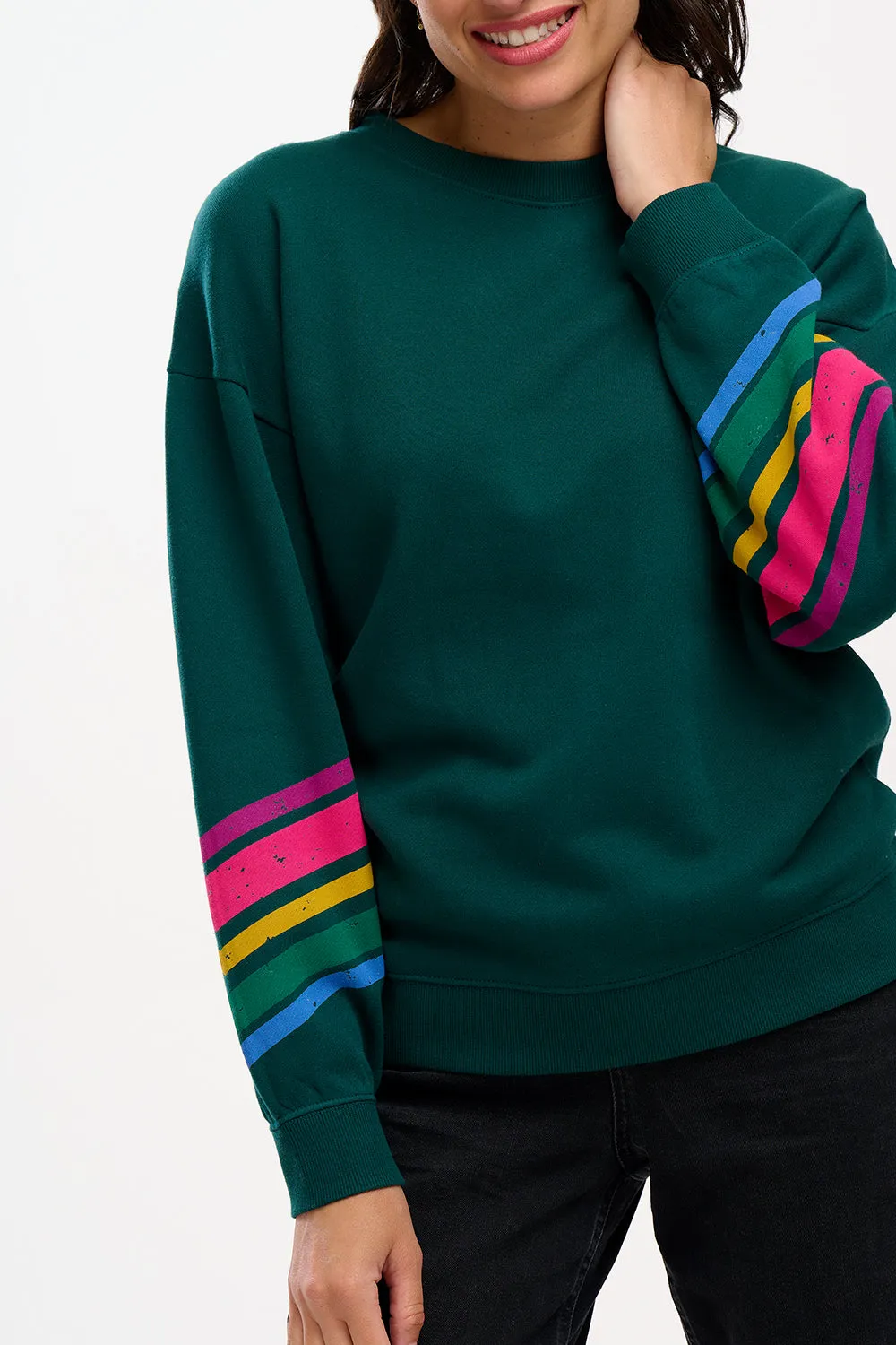 Eadie Relaxed Sweatshirt - Dark Green, Sleeve Stripes