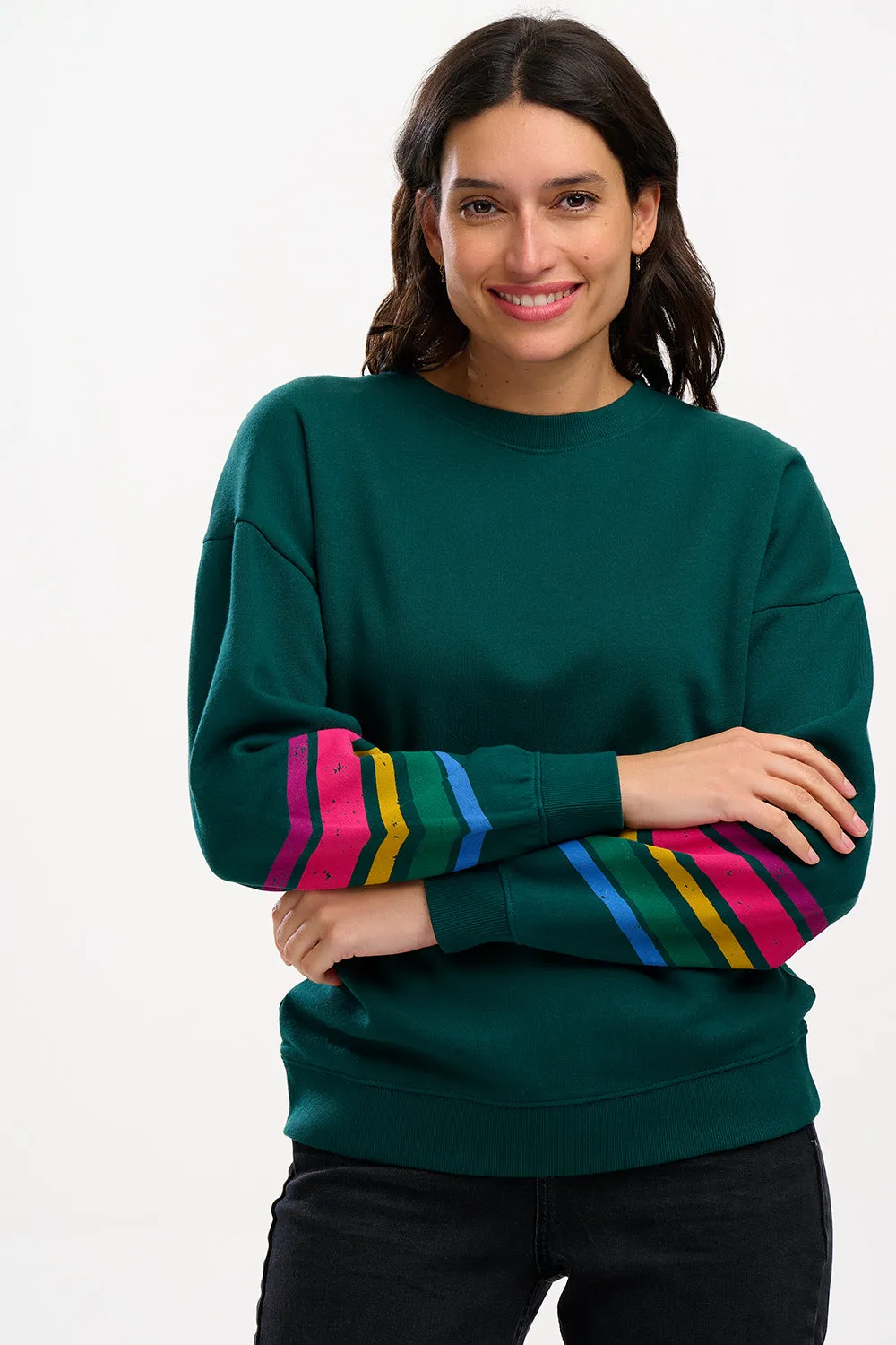 Eadie Relaxed Sweatshirt - Dark Green, Sleeve Stripes