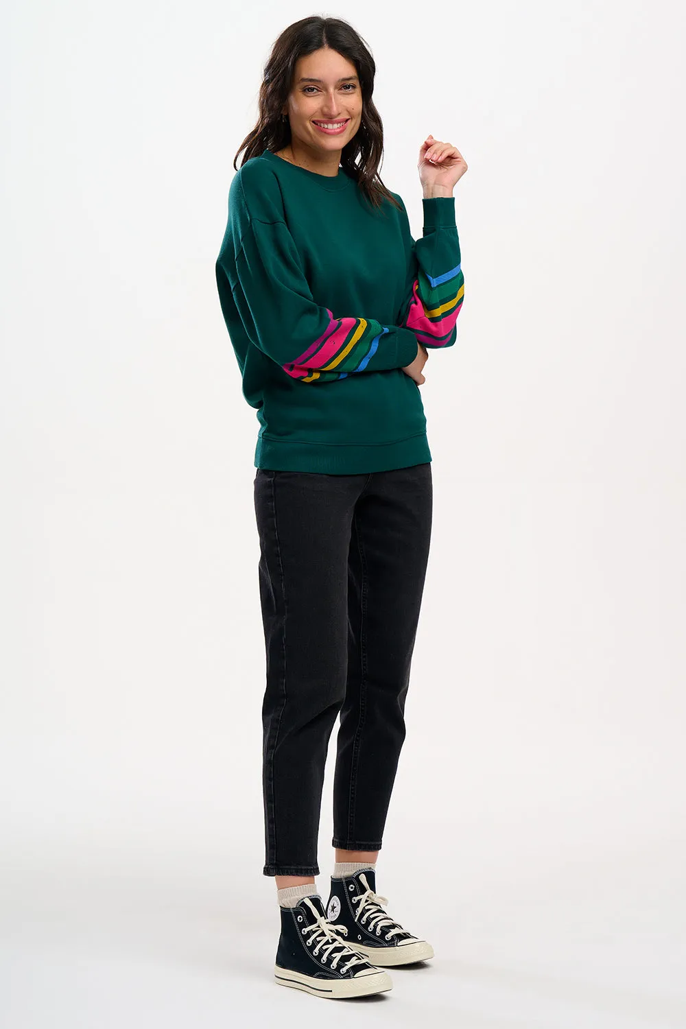 Eadie Relaxed Sweatshirt - Dark Green, Sleeve Stripes