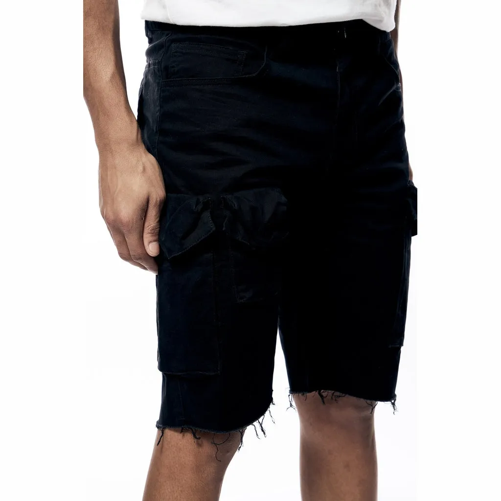 Garment Washed Twill Cargo Shorts - Black