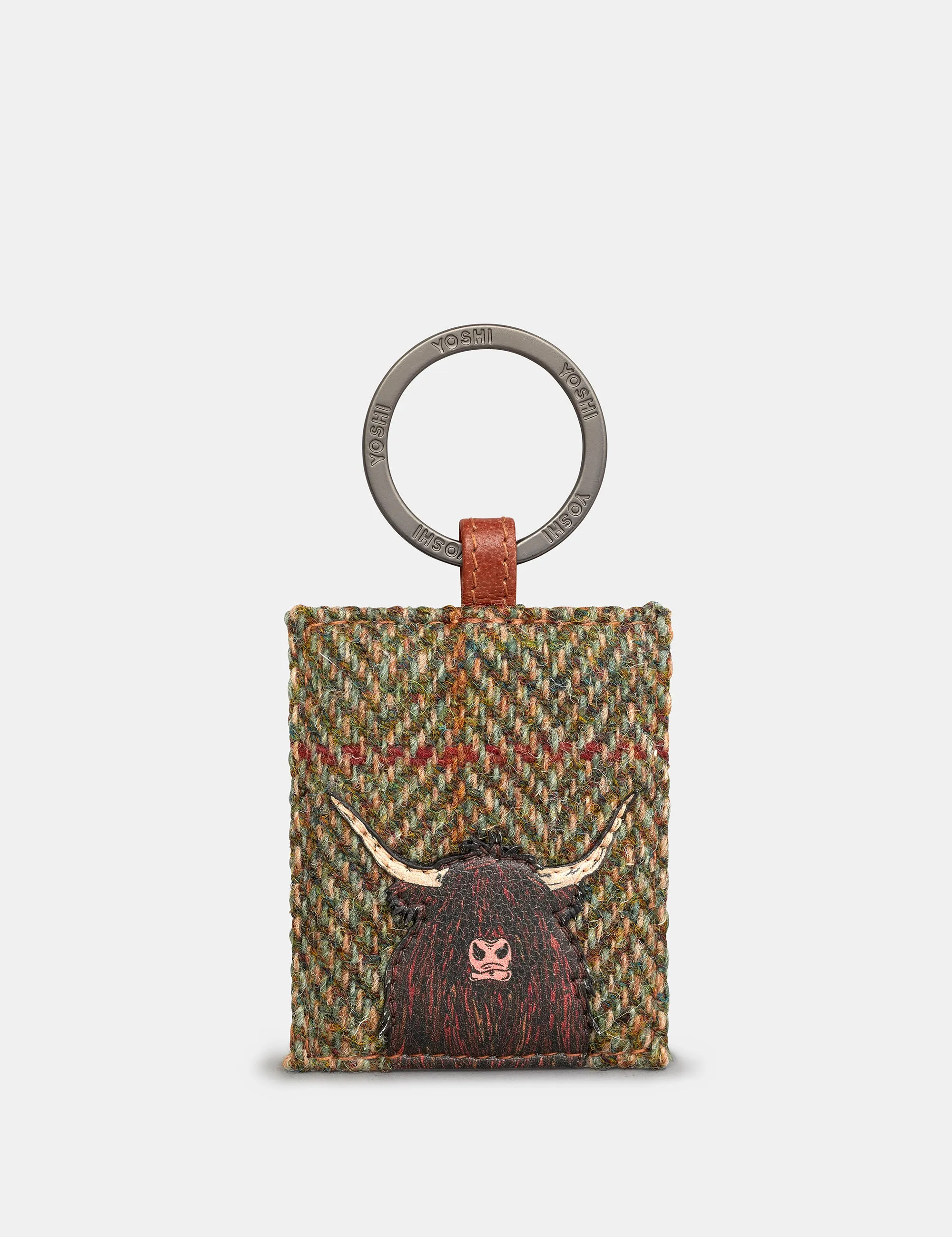 Highland Cow Harris Tweed & Brown Leather Keyring