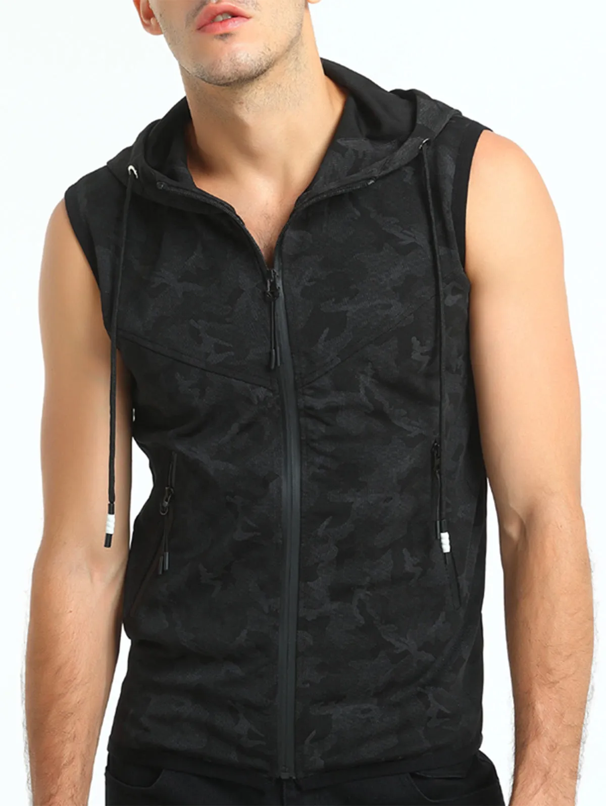 Hooded Camo Print Zip Up Tank Top