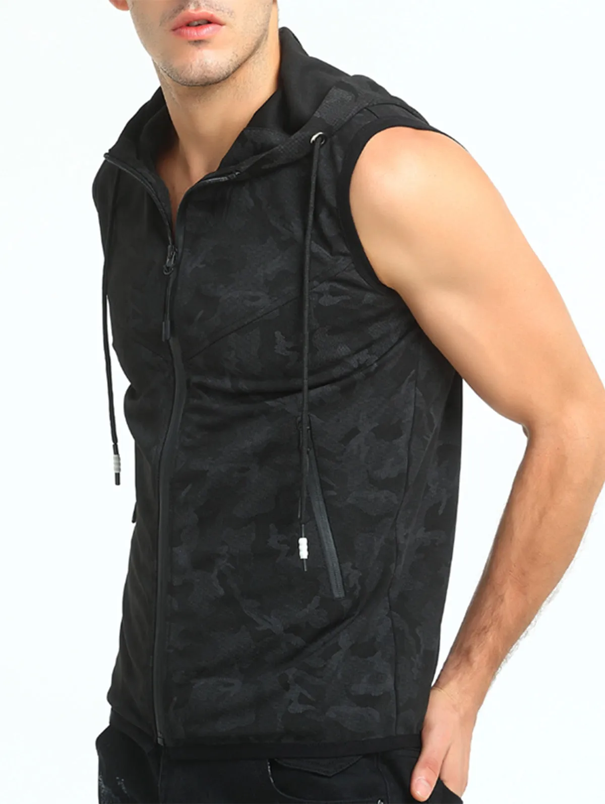 Hooded Camo Print Zip Up Tank Top