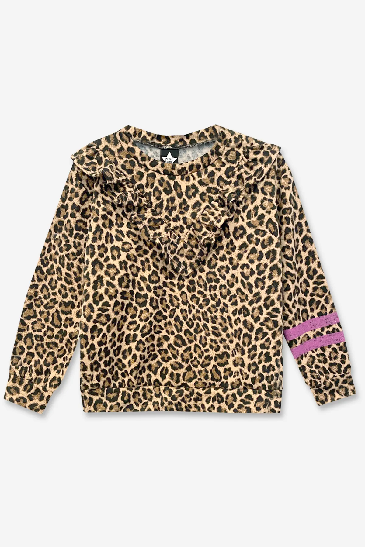 Long Sleeve V Ruffle Crew Sweatshirt - Leopard Pink Stripes