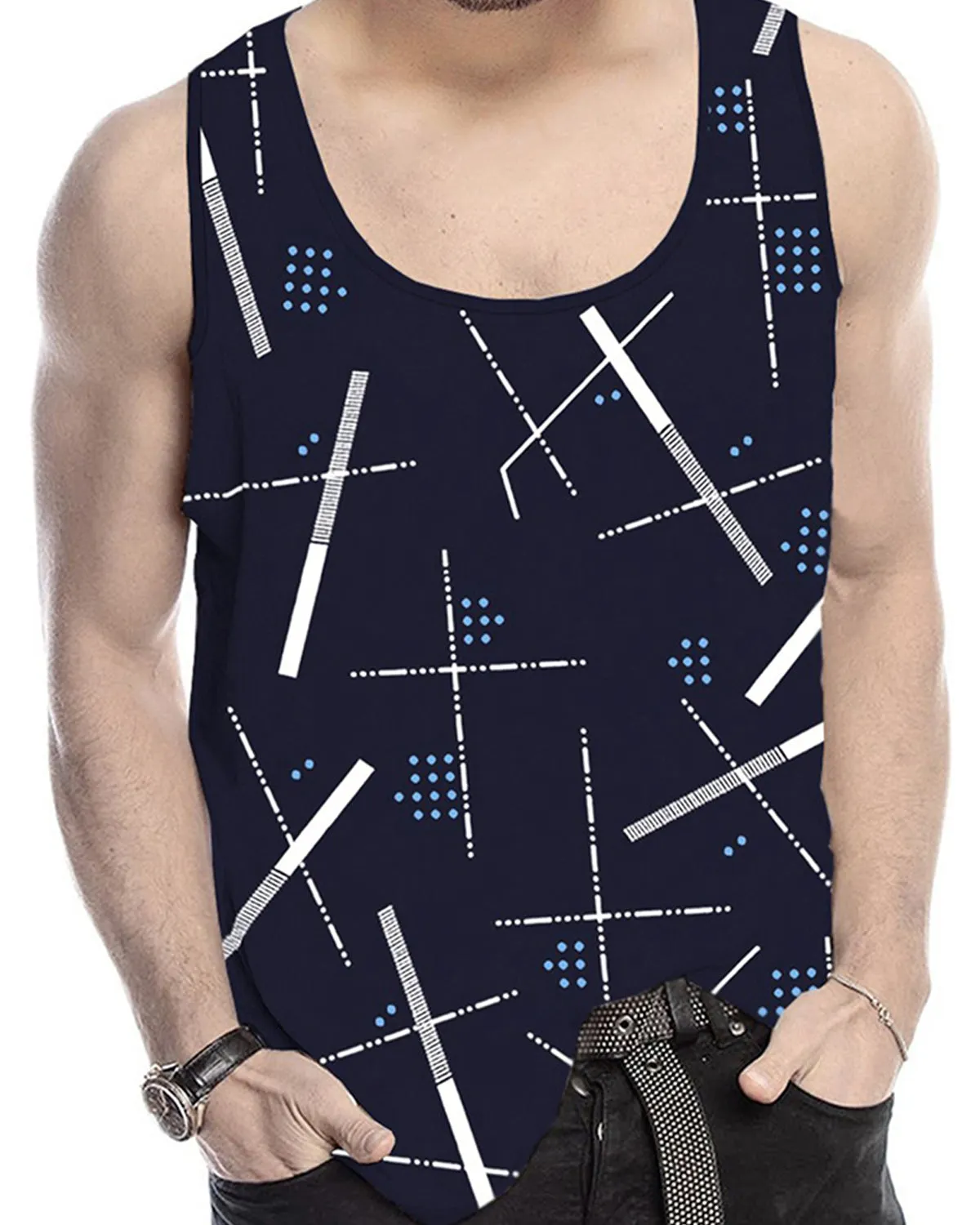 Men Abstact Printed Sleeveless Dark Blue Vest