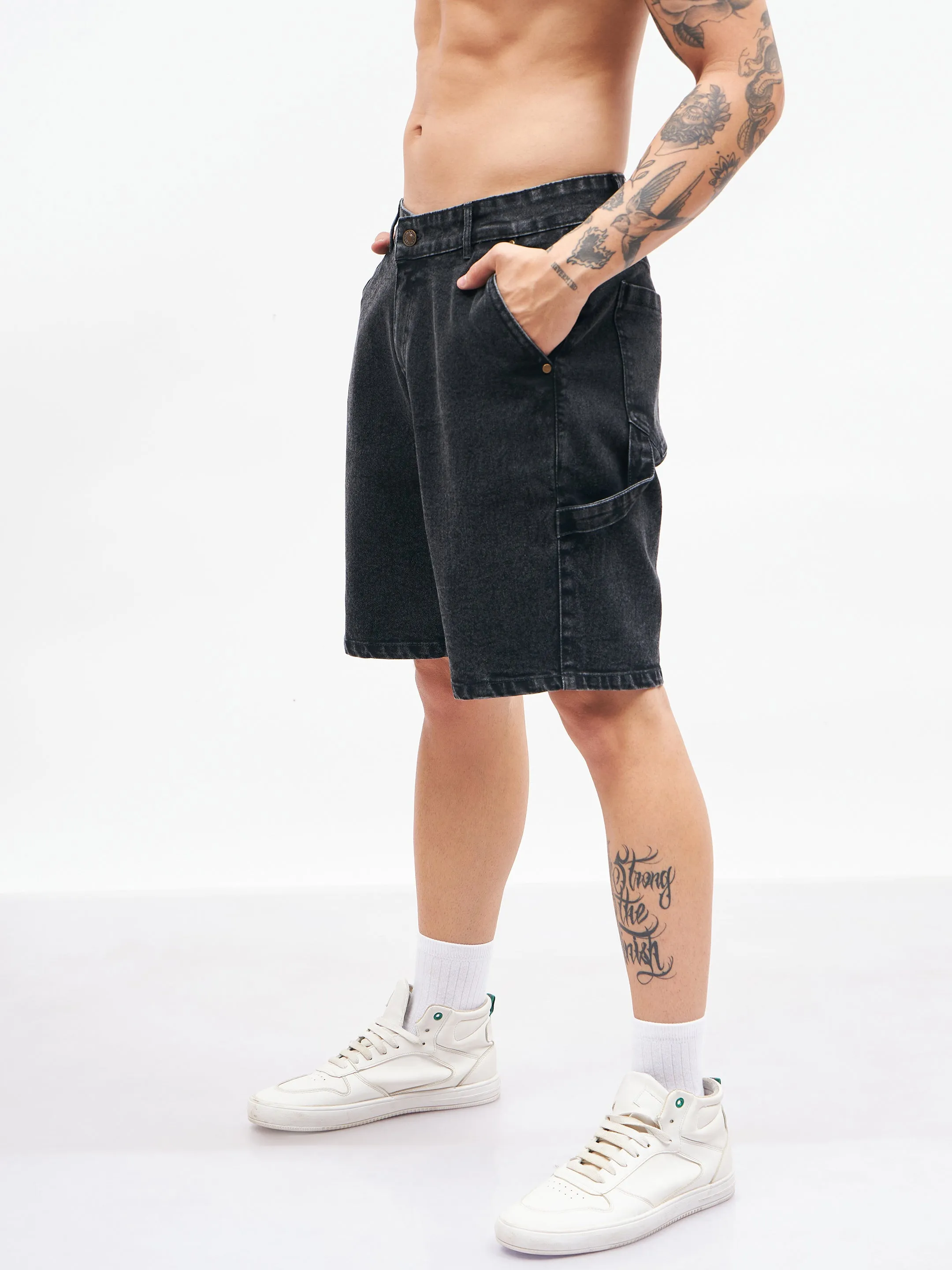 Men Black Relax Fit Denim Shorts