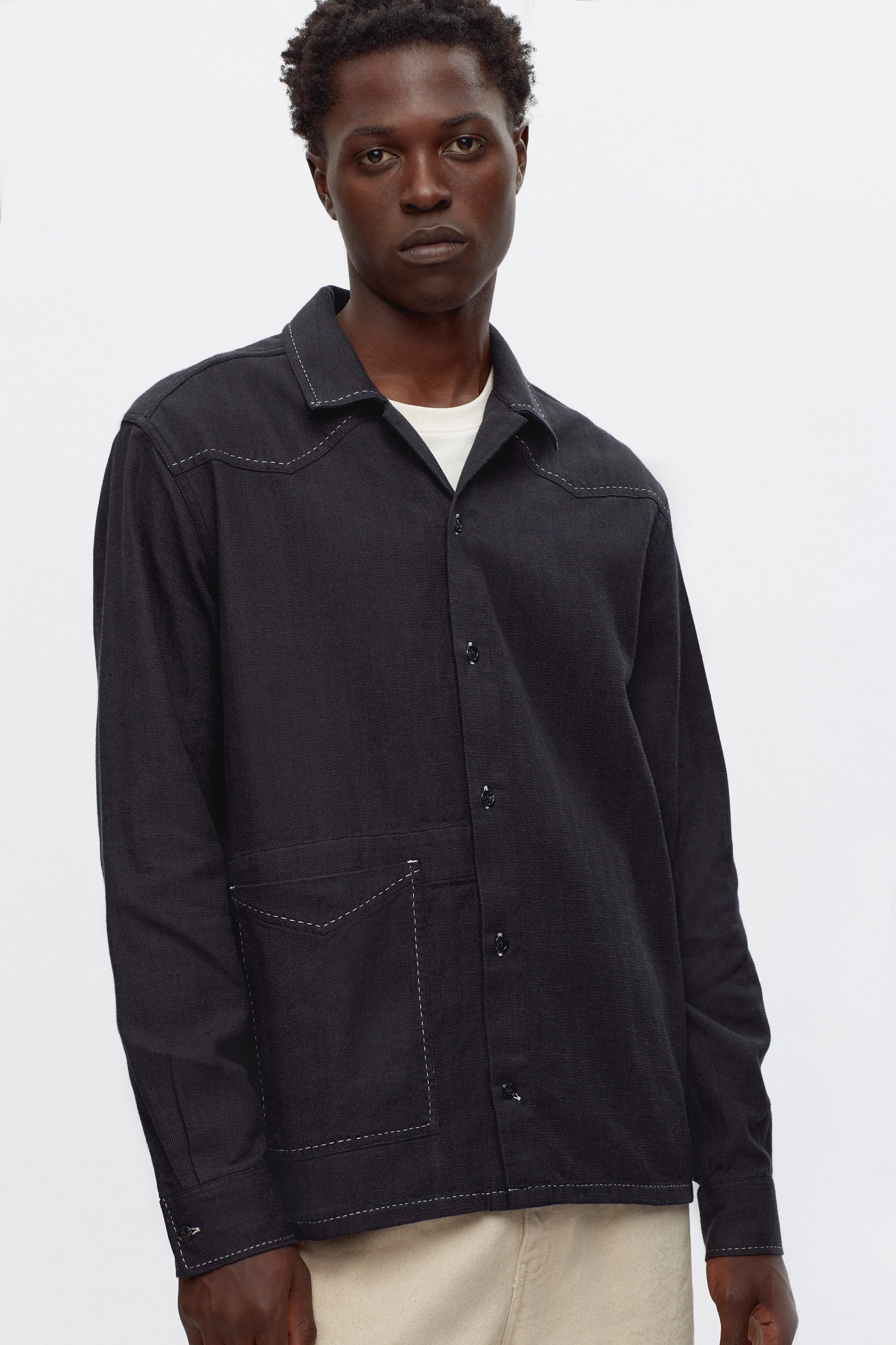 Men's Asmar Shirt in Black Herringbone