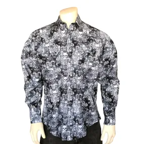 Men's Charcoal Skulls & Moths Print Western Shirt