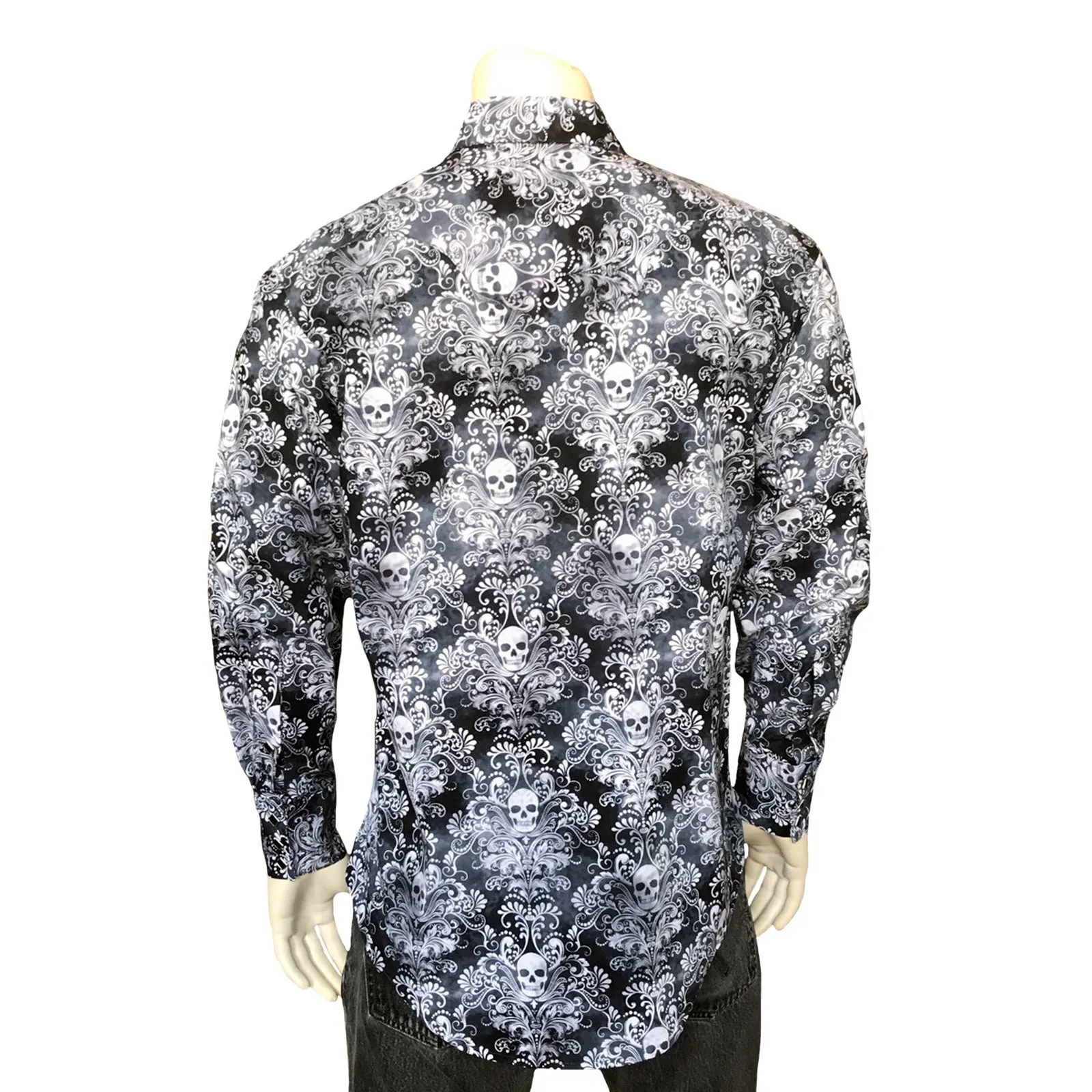 Men's Charcoal Skulls & Moths Print Western Shirt