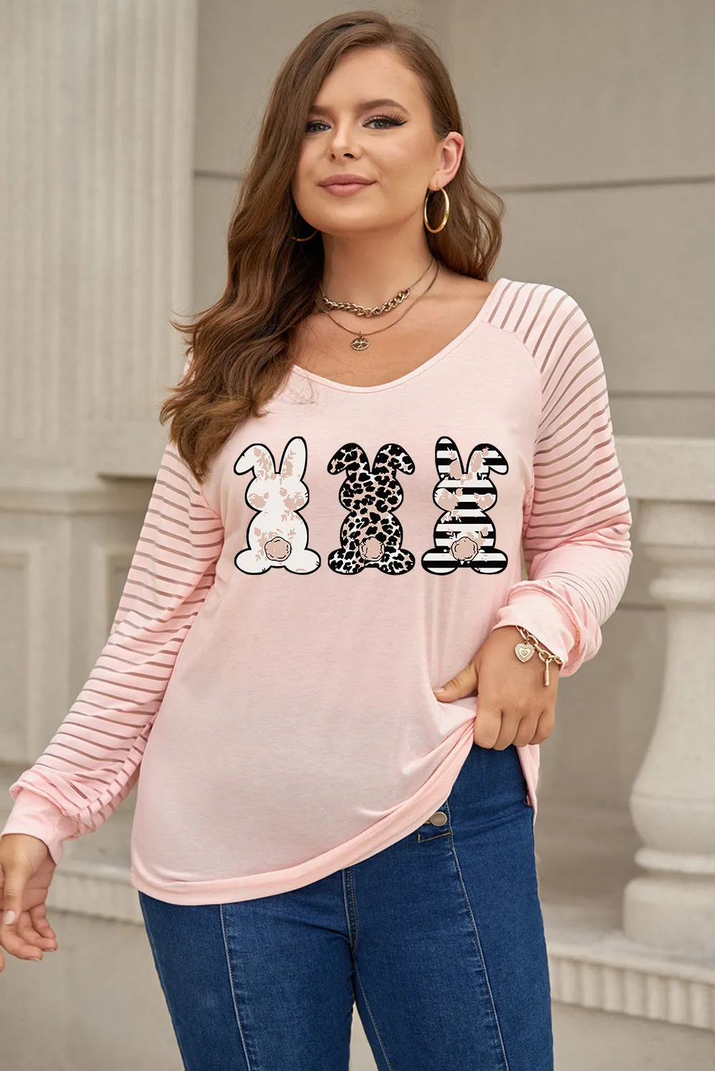 Plus Size Bunny Graphic V Neck T-Shirt for Women Sheer Striped Long Sleeve Top