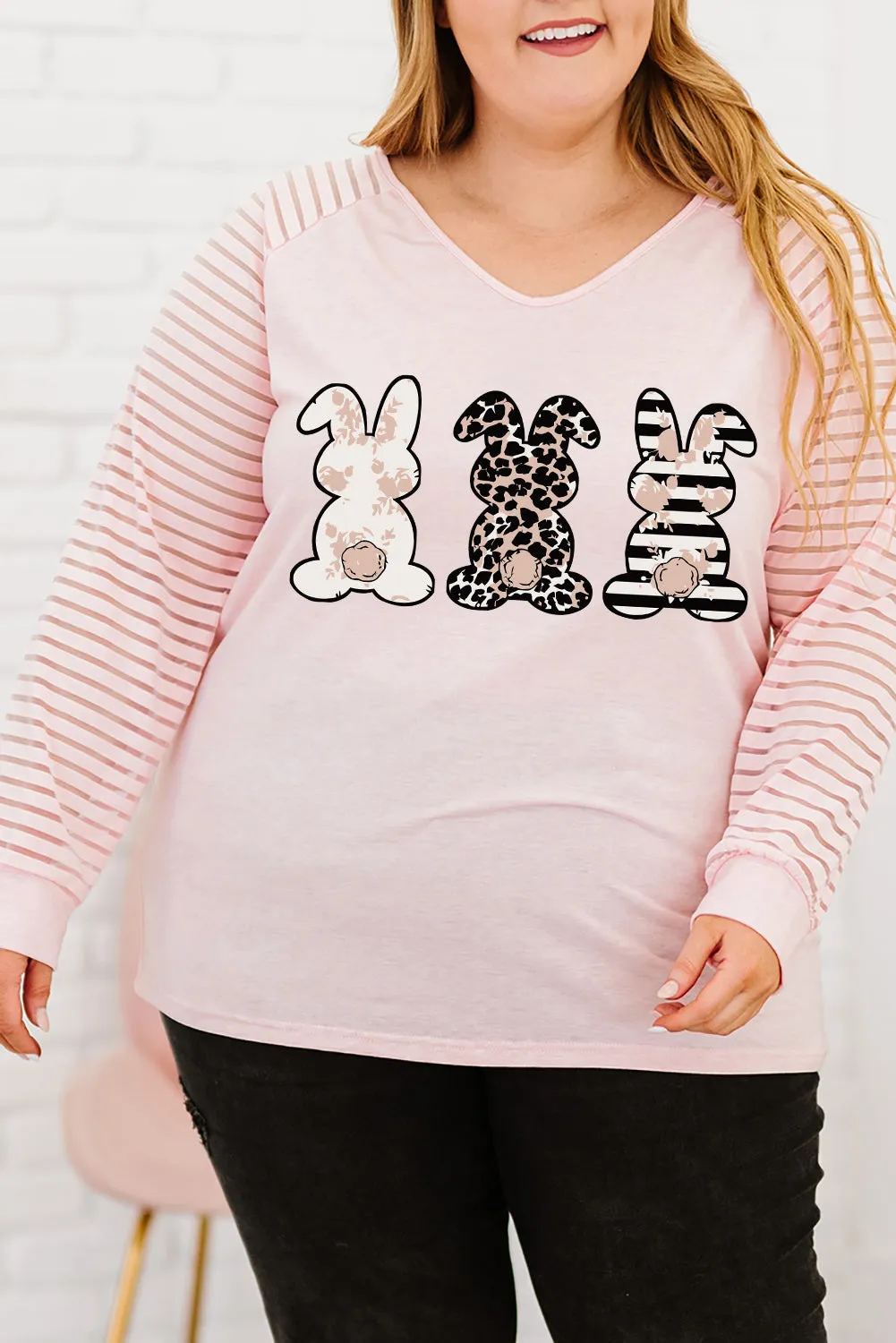 Plus Size Bunny Graphic V Neck T-Shirt for Women Sheer Striped Long Sleeve Top