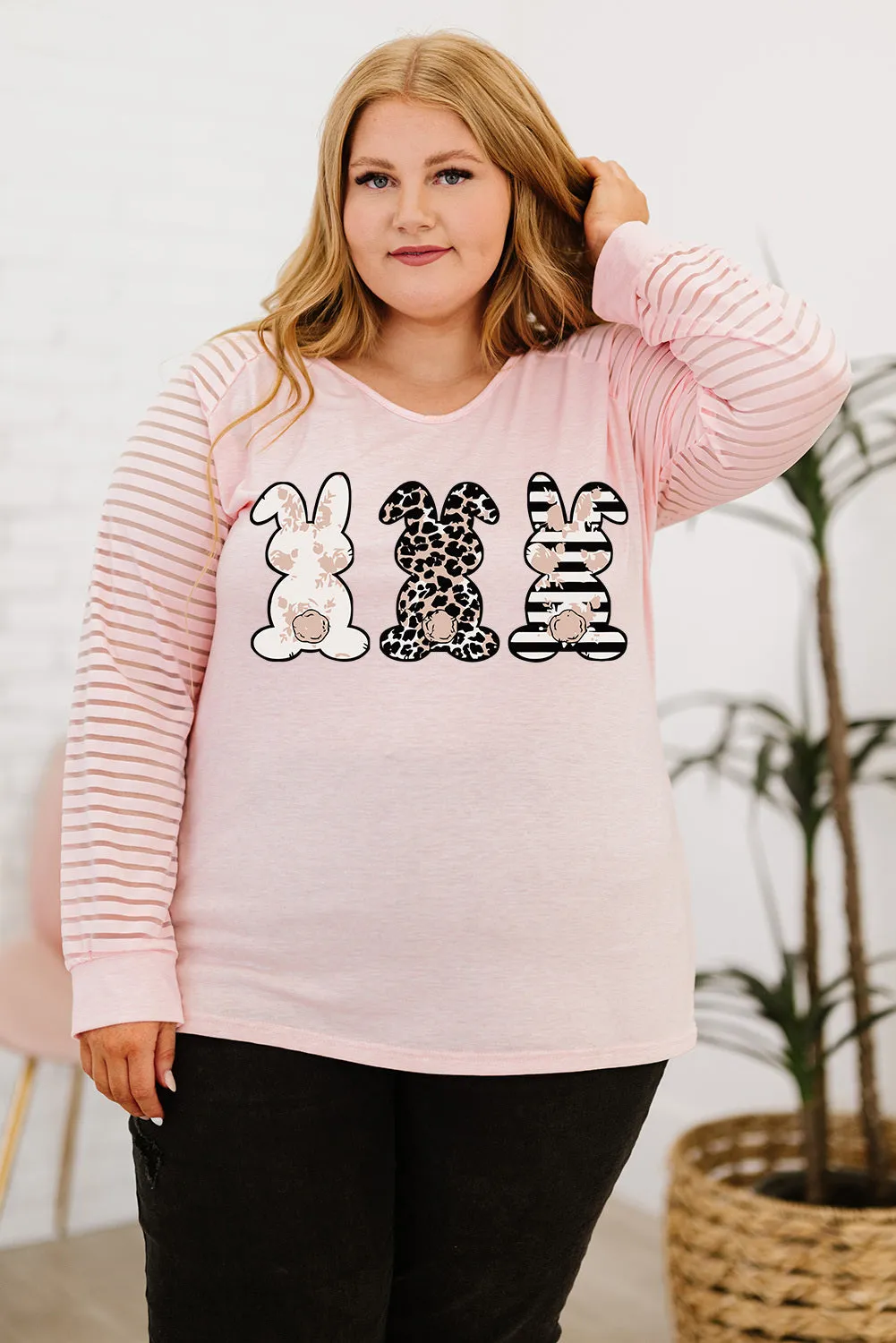 Plus Size Bunny Graphic V Neck T-Shirt for Women Sheer Striped Long Sleeve Top