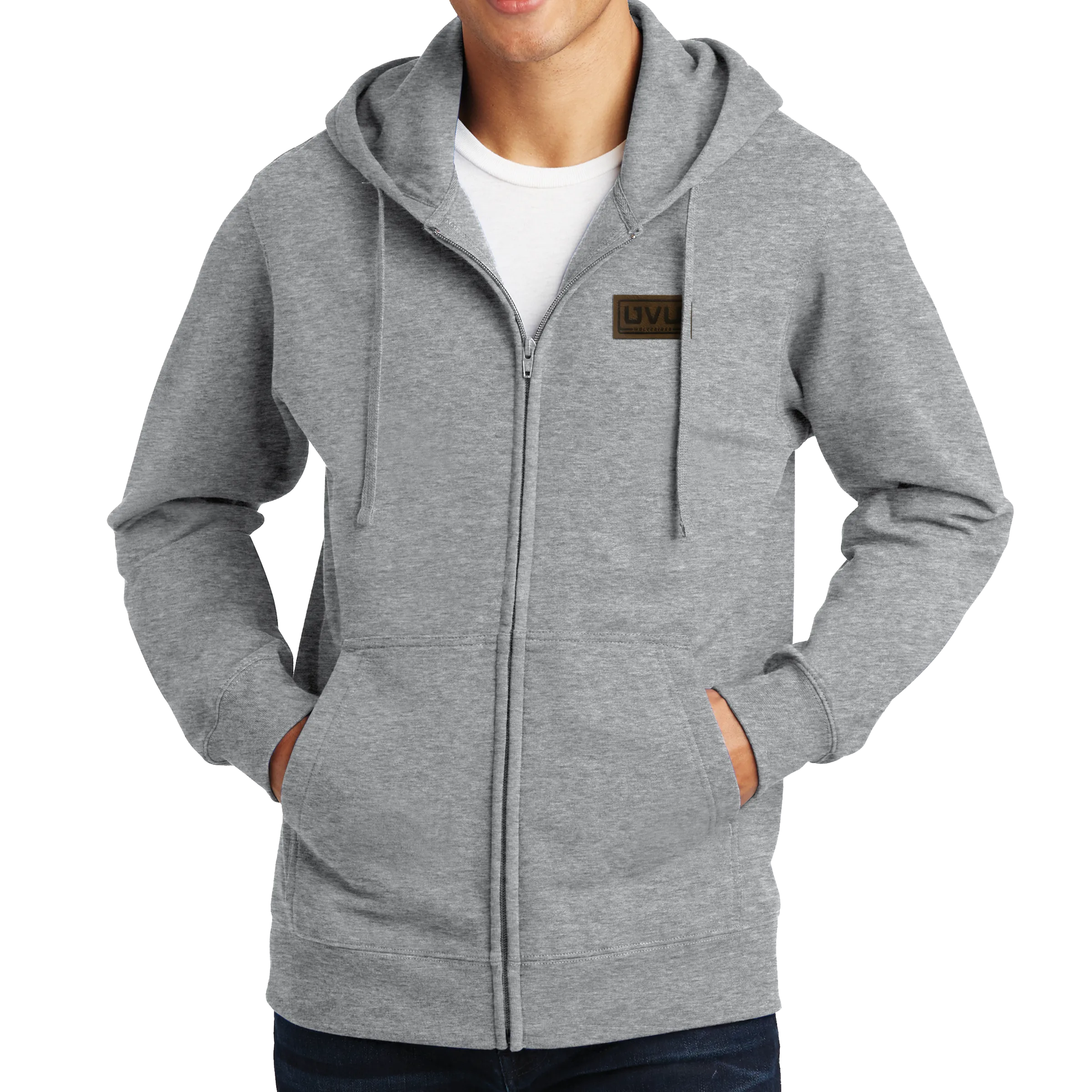 Port & Company Fan Favorite Fleece Full-Zip Hooded Sweatshirt- Pleather Mono Patch