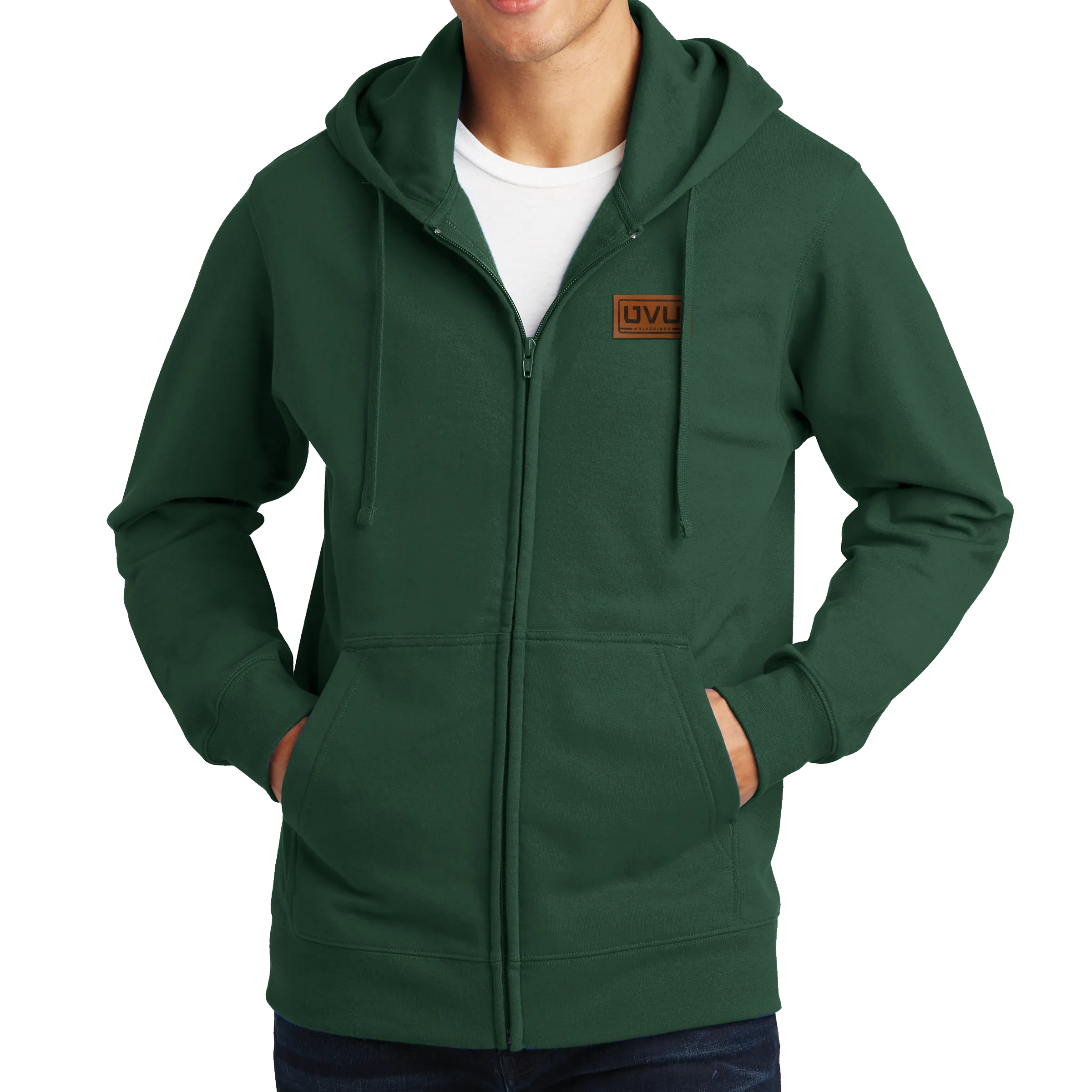 Port & Company Fan Favorite Fleece Full-Zip Hooded Sweatshirt- Pleather Mono Patch