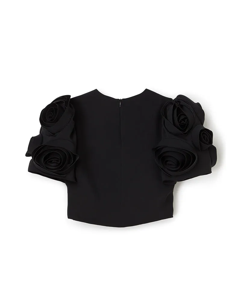 ROSE APPLIQUE BLACK CROPPED TOP